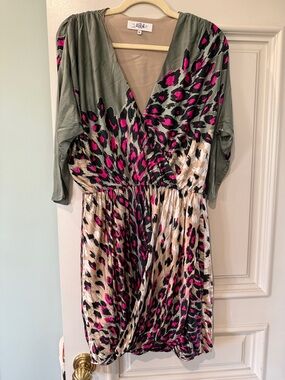 Tibi Olive Green and Hot Pink Leopard-Print Midi Wrap Dress
